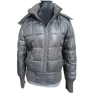 Vtg Old Navy Puffer Jacket Coat M Metallic Gray Hoodie Bomber Retro Y2K Grunge